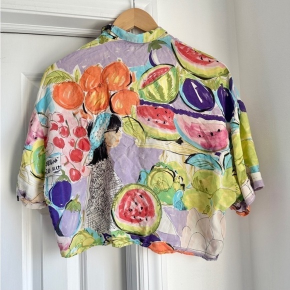 Zara Abstract Fruit Girl Button Up cropped shirt size small 100% viscose - Picture 3 of 4